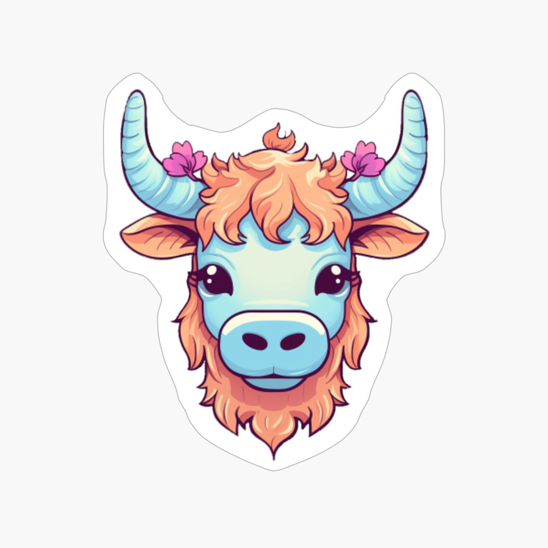 Cartoon Highland Cow With Flowers