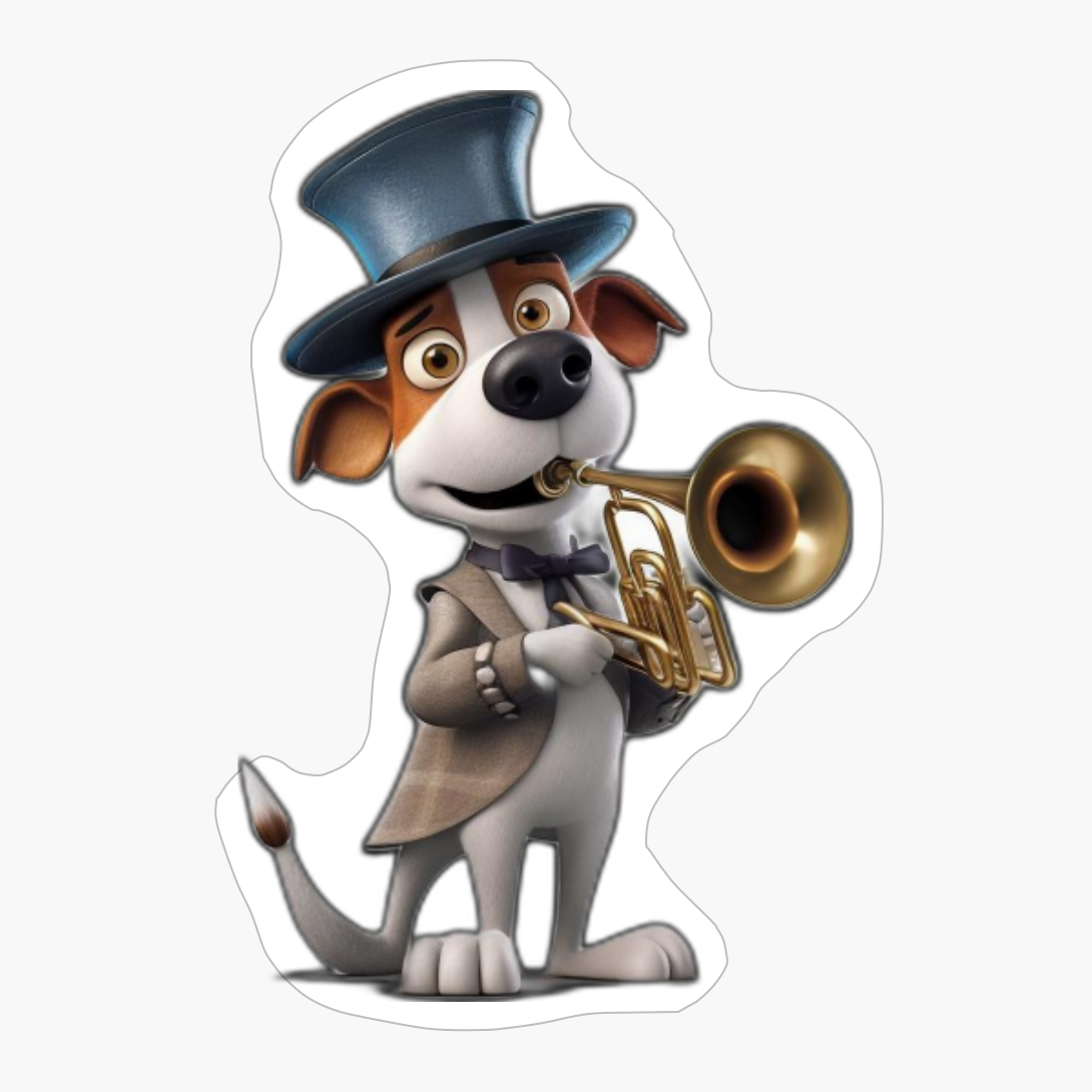 Dog Wearing Bowler Hat Playing Trumpet