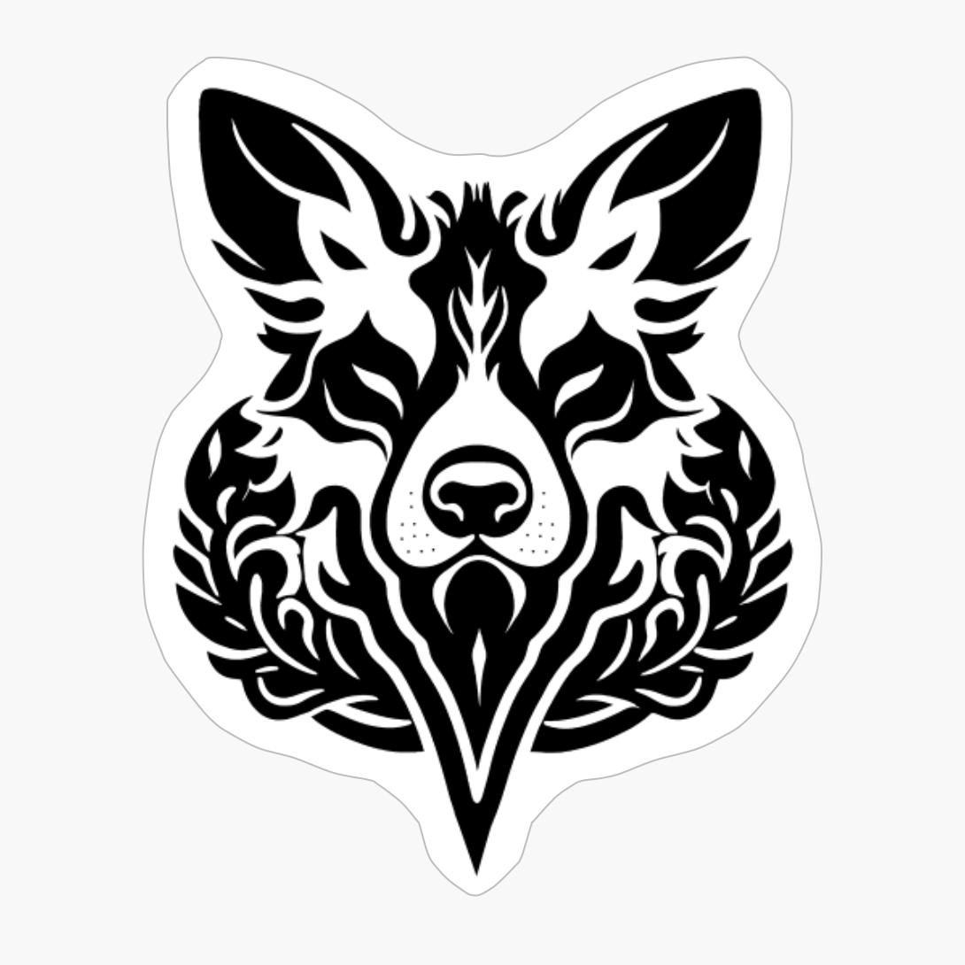 Wolf Head In Tattoo Tribal Style, Wild Wolf Head In One Color, Black