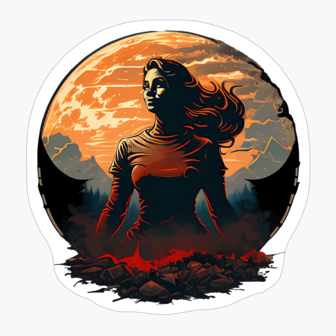 Digital Drawing Of A Woman In Double Exposure With Clouds, Forest And Mountains