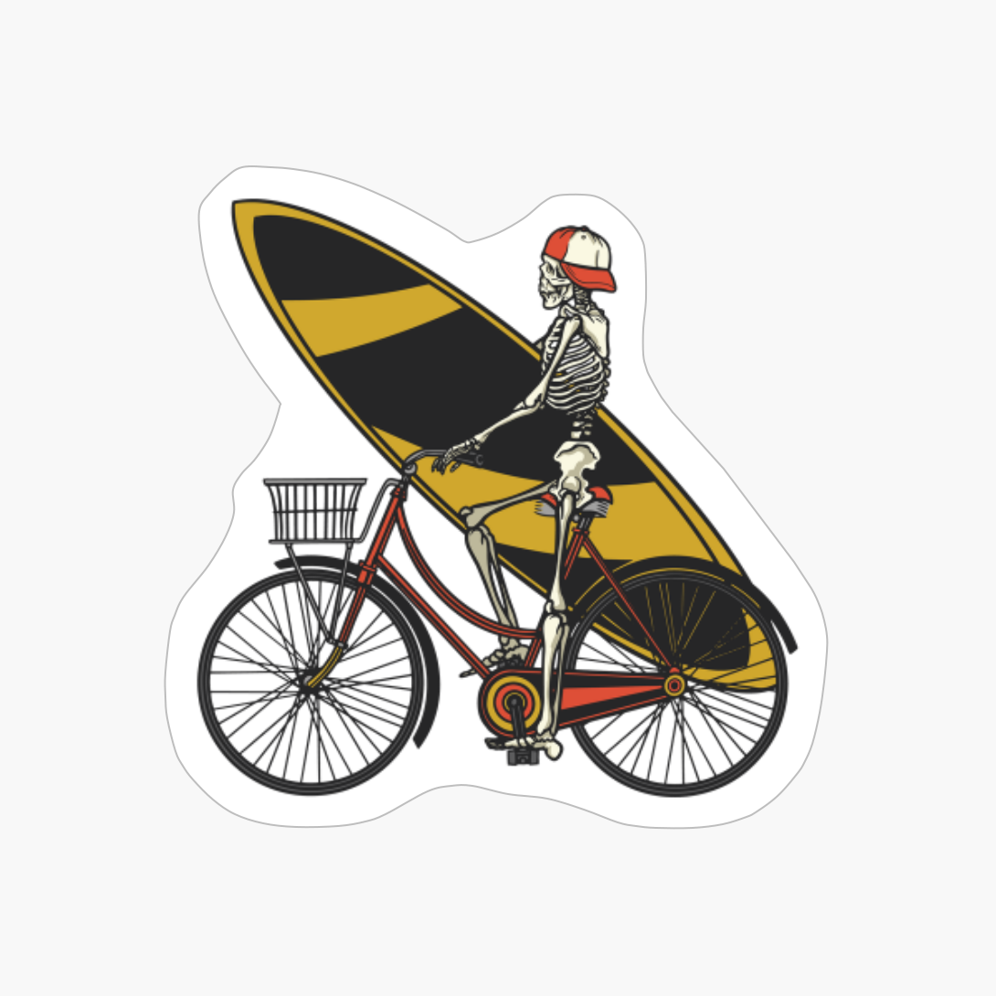 Surfer Skeleton On A Bike