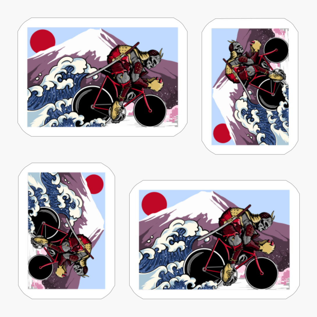 Japanese Samurai Cycling Through Rushing Waves