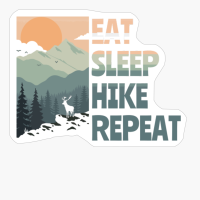 EAT SLEEP HIKE REPEAT Pastel Colored Mountain Forest Sunset View With A Goat On The Rocks