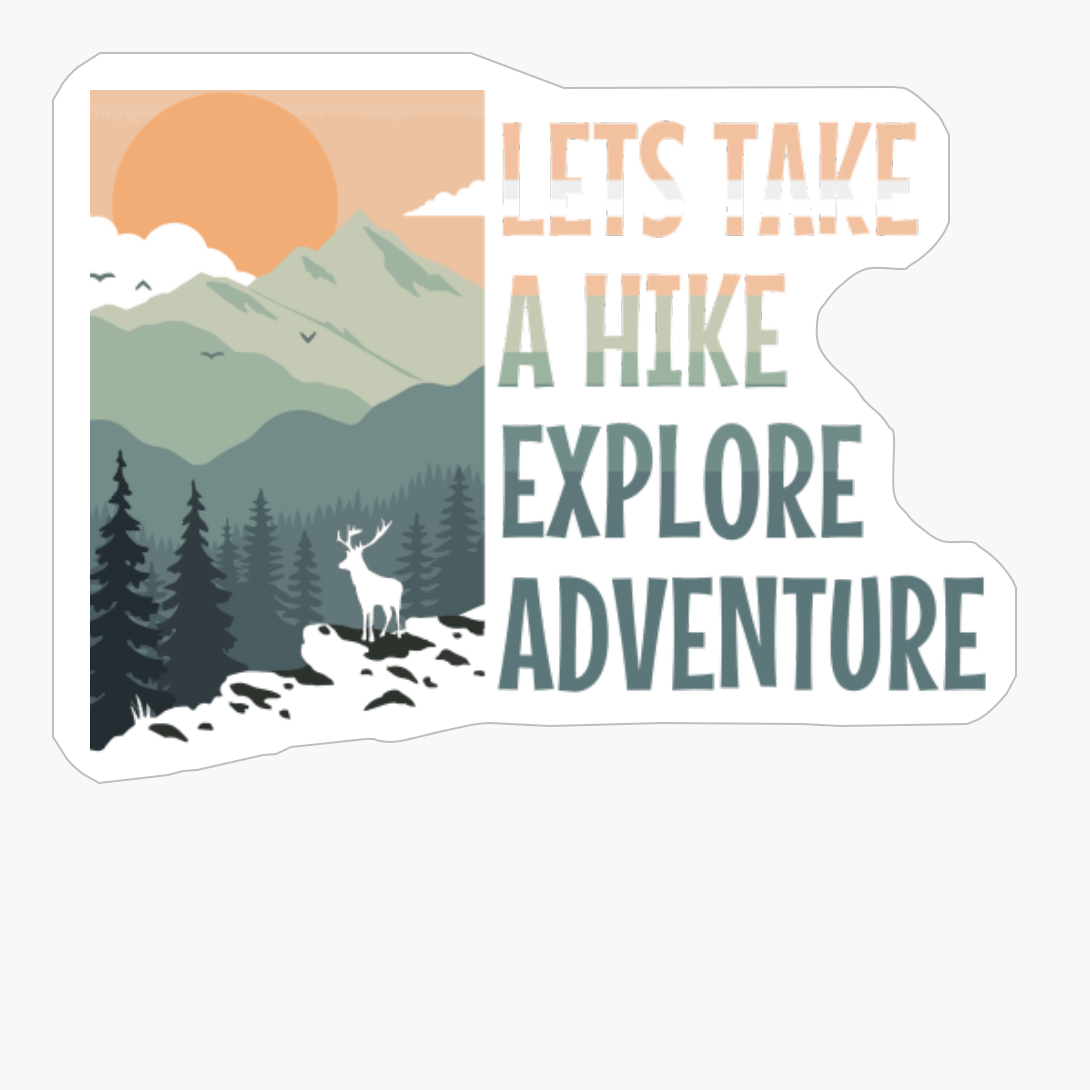 LETS TAKE A HIKE, EXPLORE, ADVENTURE Pastel Colored Mountain Forest Sunset View With A Goat On The Rocks