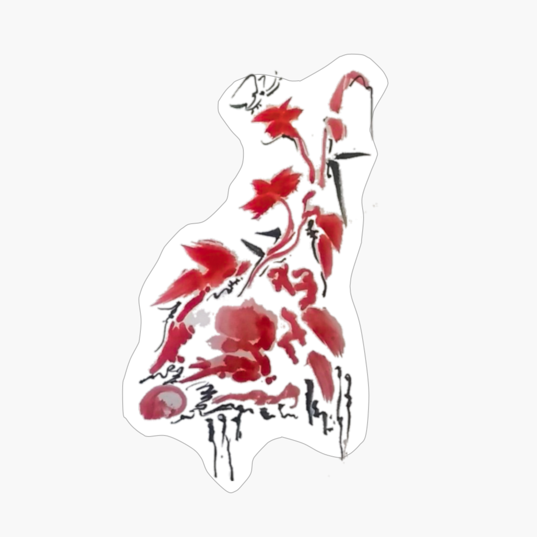 Red Flowers And Butterfly Zen Sumie Drawing O