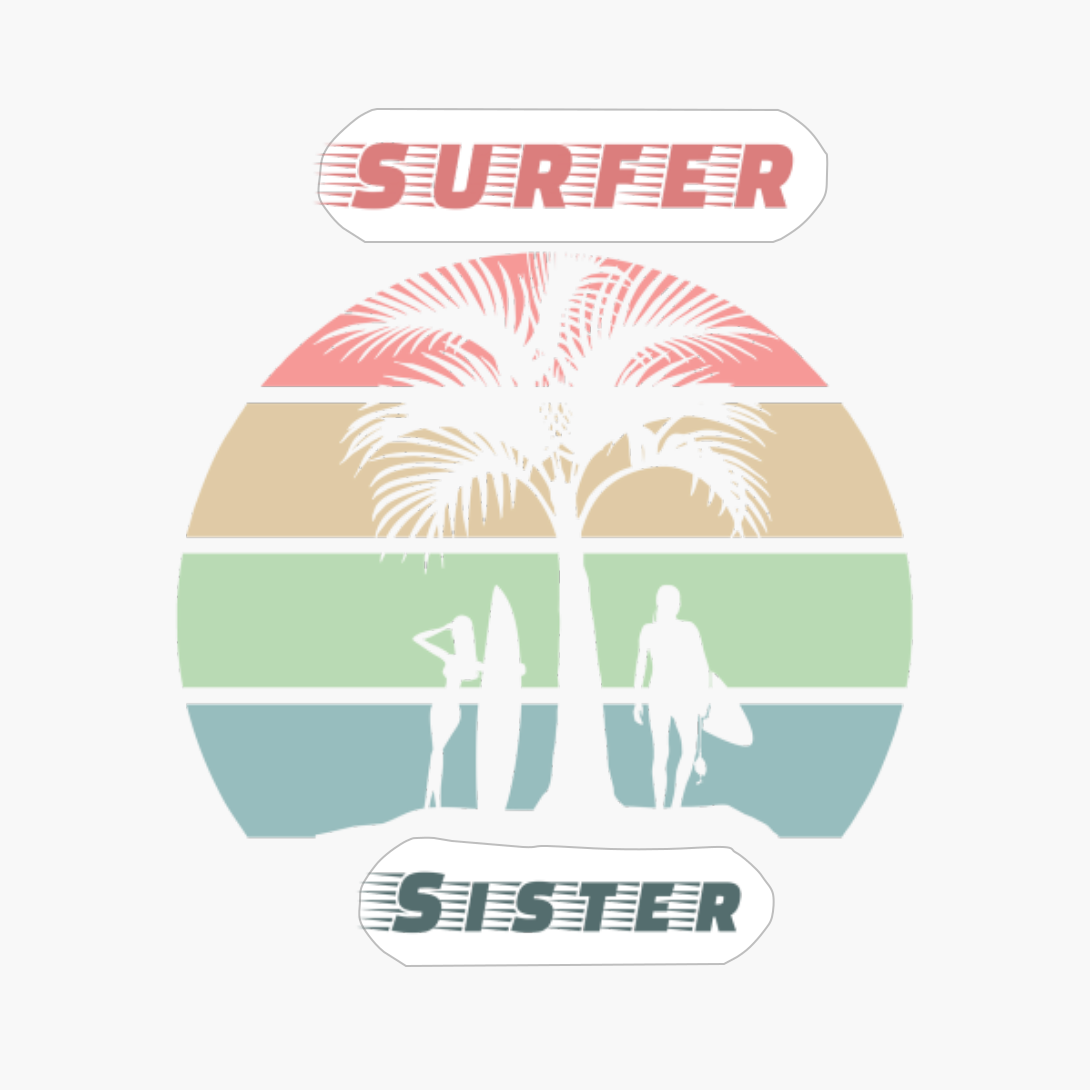 Surfer Sister Sunset Retro Palm Tree Surfing