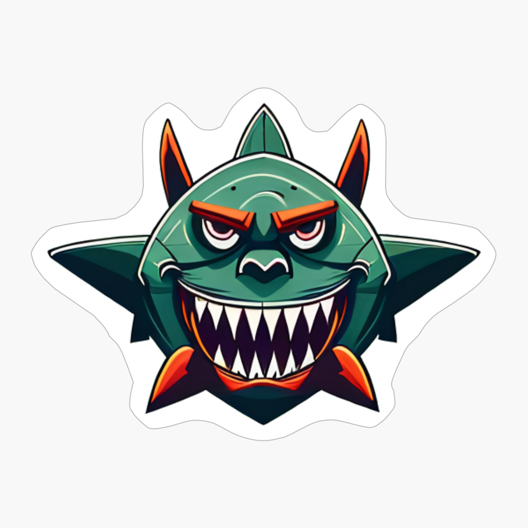 Robot Shark Front View, Jaws Open And Fiery