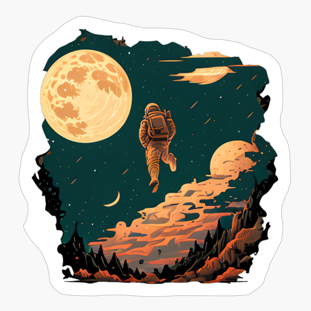 Astronaut Floating Into Space Heading To The Moon At Night