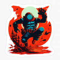 Astronaut Jumping On A Red Planet With Moon On The Back