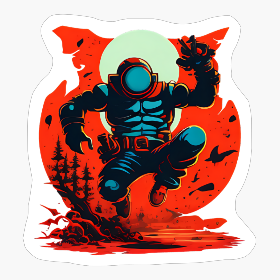 Astronaut Jumping On A Red Planet With Moon On The Back