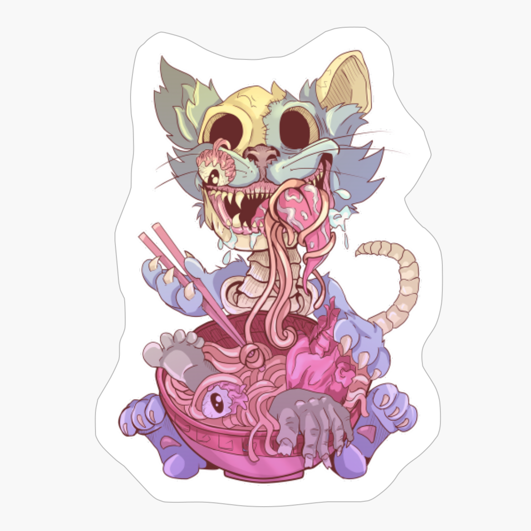 Pastel Goth Aesthetic Kawaii Creepy Cat Eating Ramen Noodles