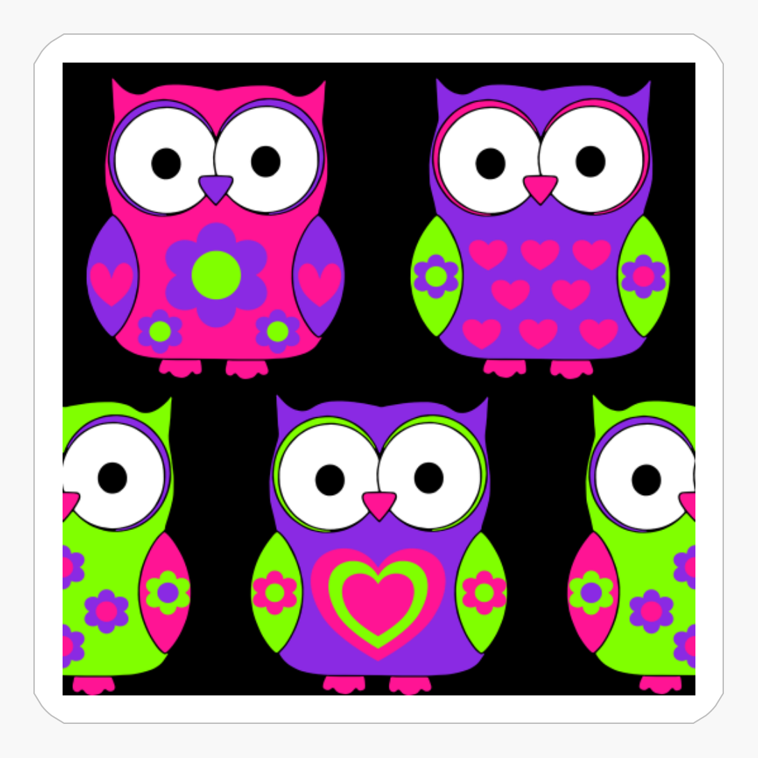 Cute Owls In Neon Colors, Retro Owls From 80s