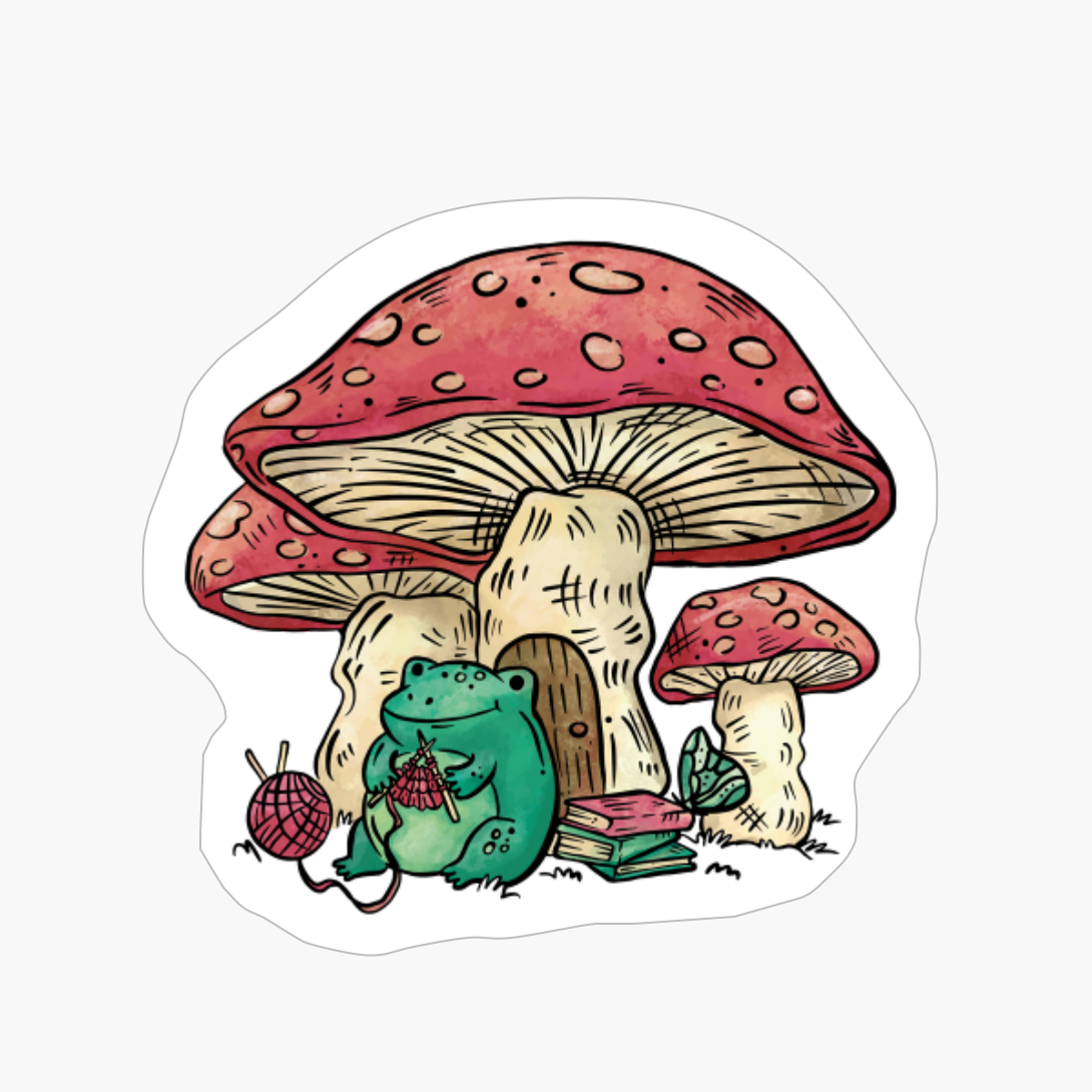 Frog Under A Mushroom House Cottagecore