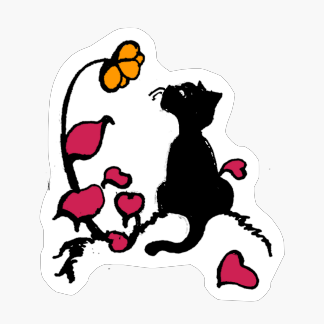 Black Cat Smelling Heart Shaped Flowers