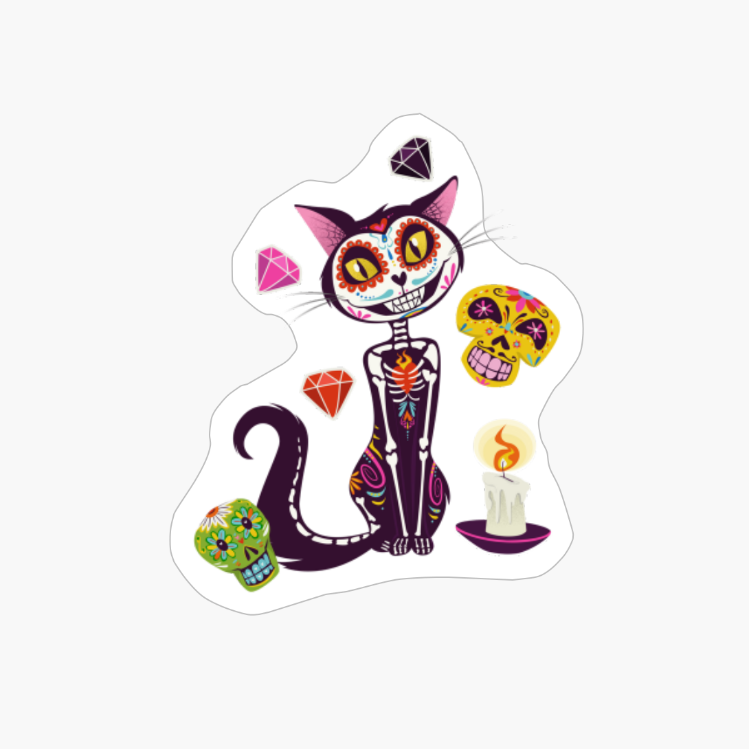 Skull Kitty Chat Noir Black Cat With Flower Catween. White Version.