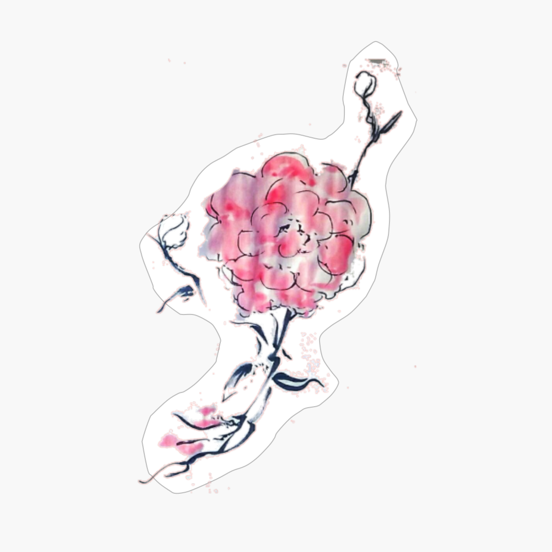 Big Red Flower Vegetal Leafs Floral Botanical Sumie Asian Brush Painting Art Artwork