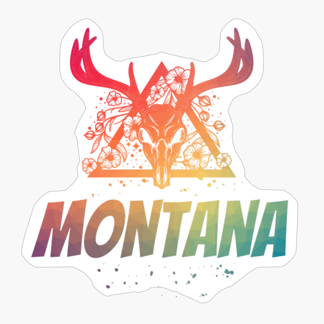 Montana Deer Skull With Flowers Design With Bright Colors