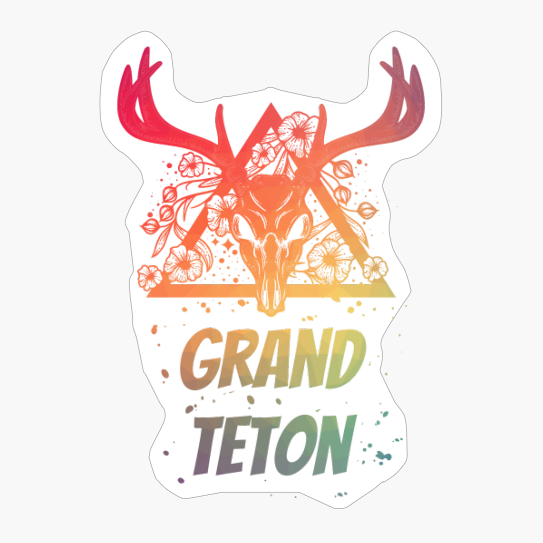 Grand Teton Deer Skull With Flowers Design With Bright Colors