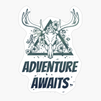 Adventure Awaits Deer Skull With Flowers Design With Dark Green Colors