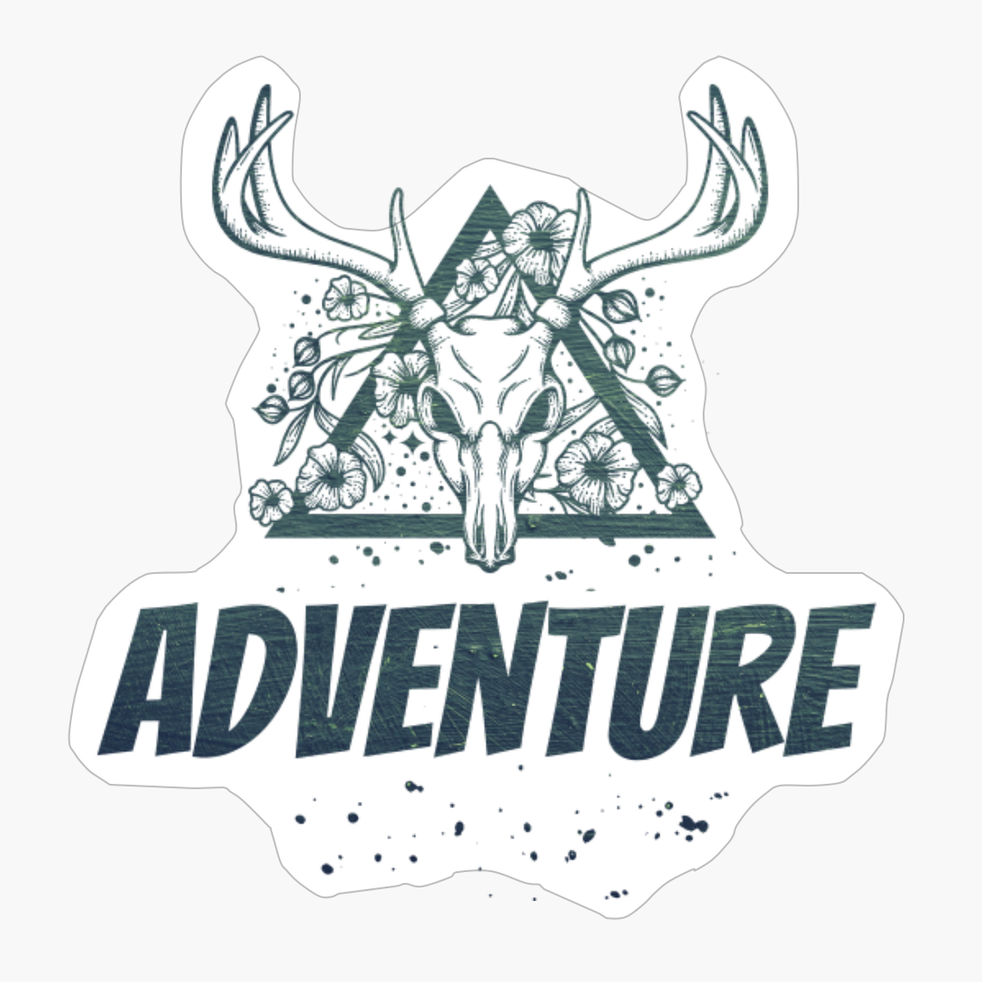 Adventure Deer Skull With Flowers Design With Dark Green Colors