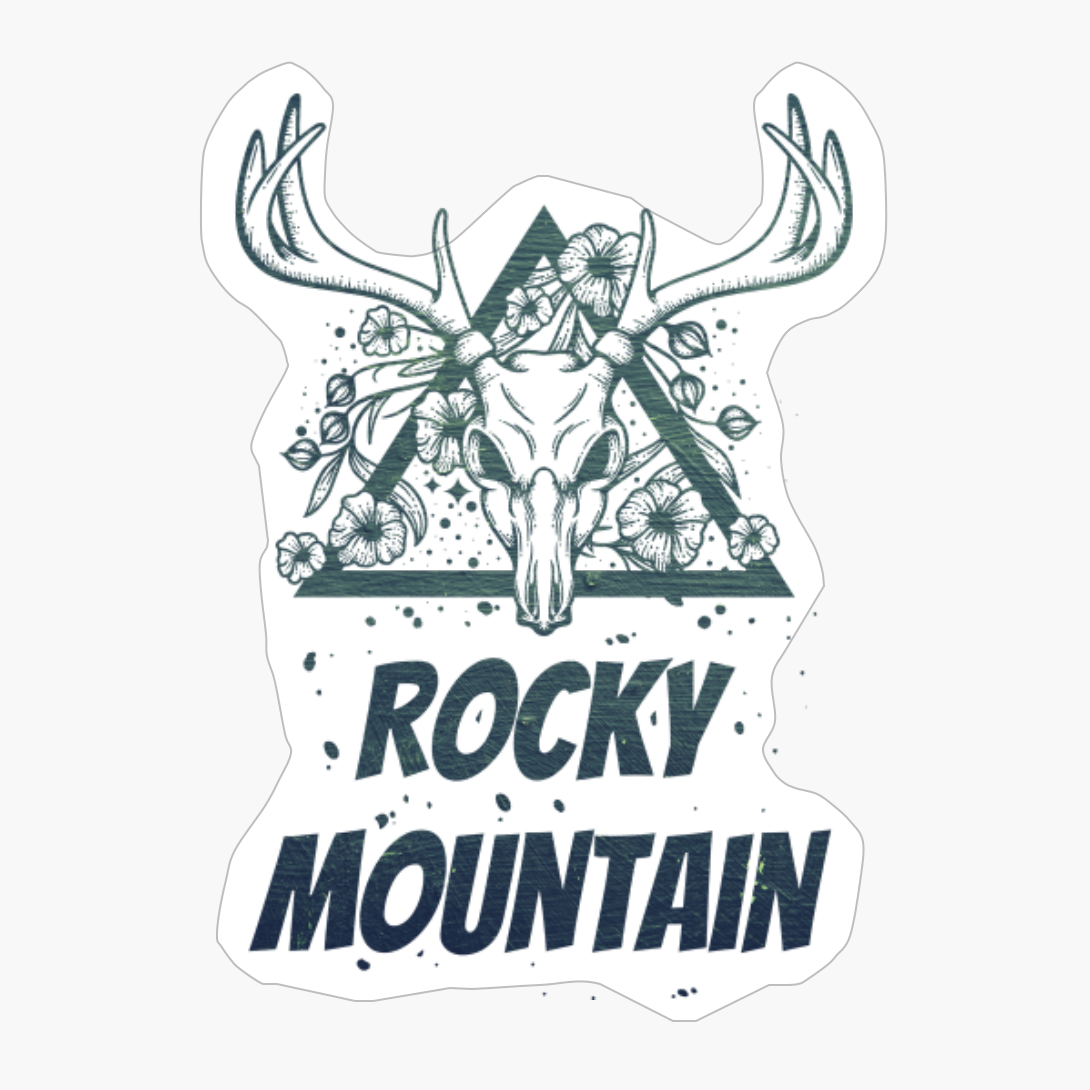 Rocky Mountain Deer Skull With Flowers Design With Dark Green Colors