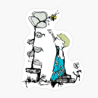 Traditional Illustration Of A Little Girl Trying To Reach A Bee Sitting On The Leaf Of A Big Plant Planted On A Pot With A Huge Flower On The Top The Little Child Is Wearing A Dress Of Flowers By Manuelunsui