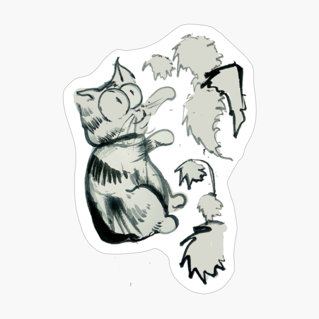 Sumie Painting Of A Silly Cat Playing With Wild Tropical Begonia Leafs Vigorous Brushstrokes Cute Little Cat Funny Pet Neko Kitty By Manuelunsui