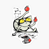 Traditional Illustration Of A Cute Funny Cat Playing With Red Christmas Balls Big Yellow Eyes In The Floor Lies A Red Sock A Brick Wall Is On The Back