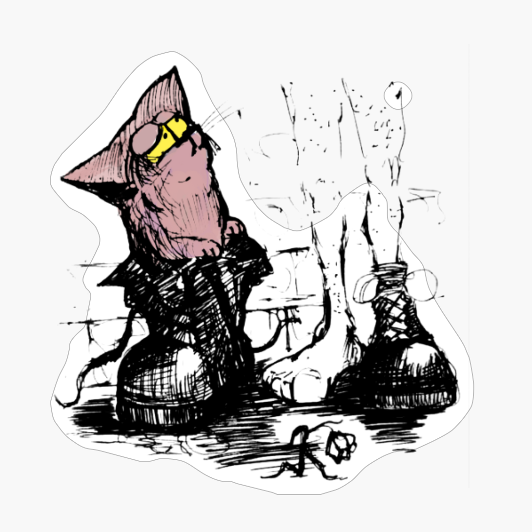 Ink Illustration Of A Pink Cat On A Boot